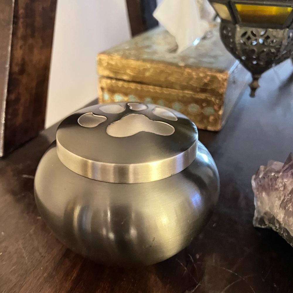 Solid brass, olive green, paw print, small pet urn. Up to 40 in.³.